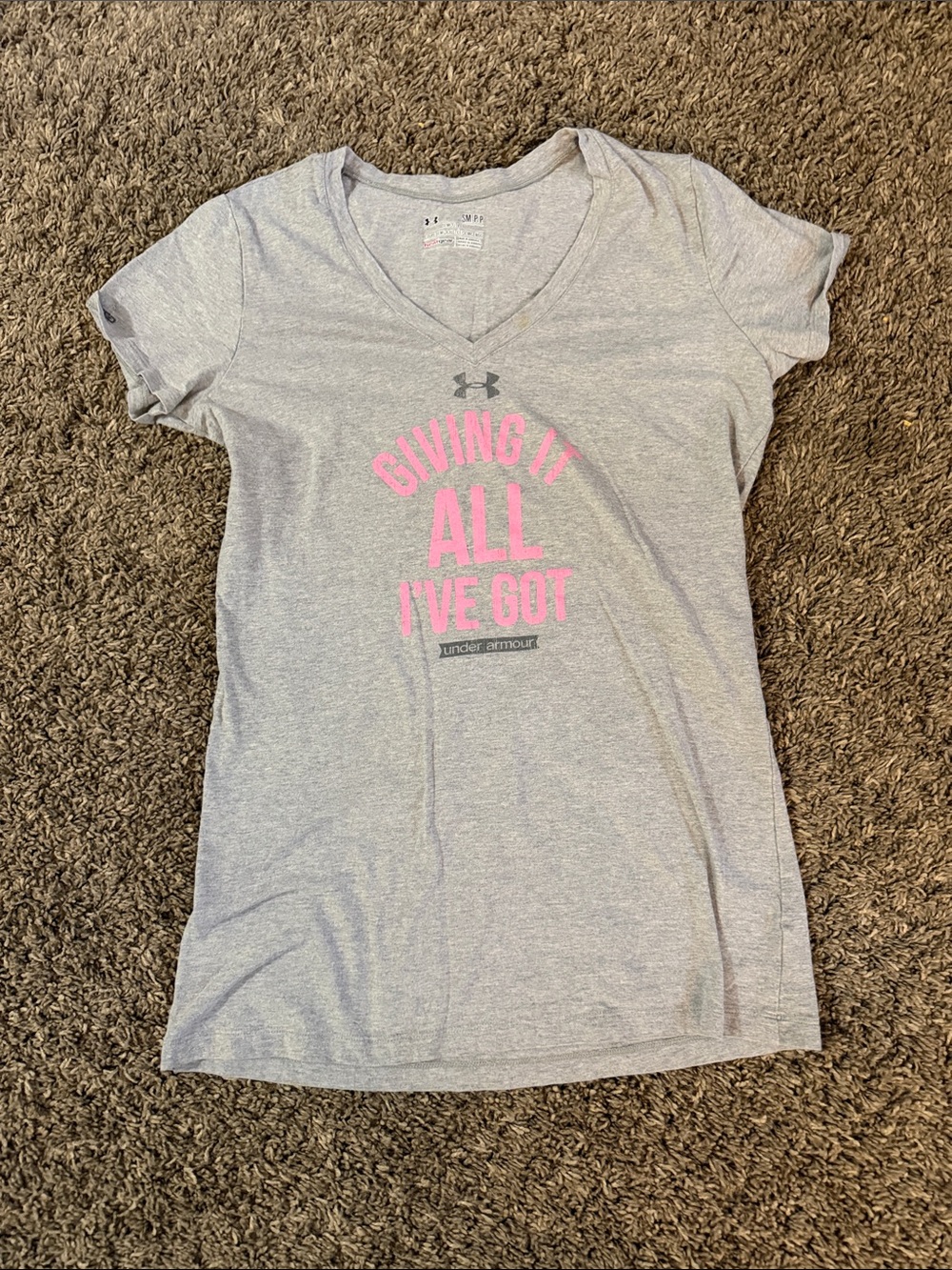 Under Armour Light Gray V-Neck Tee with Pink Text
